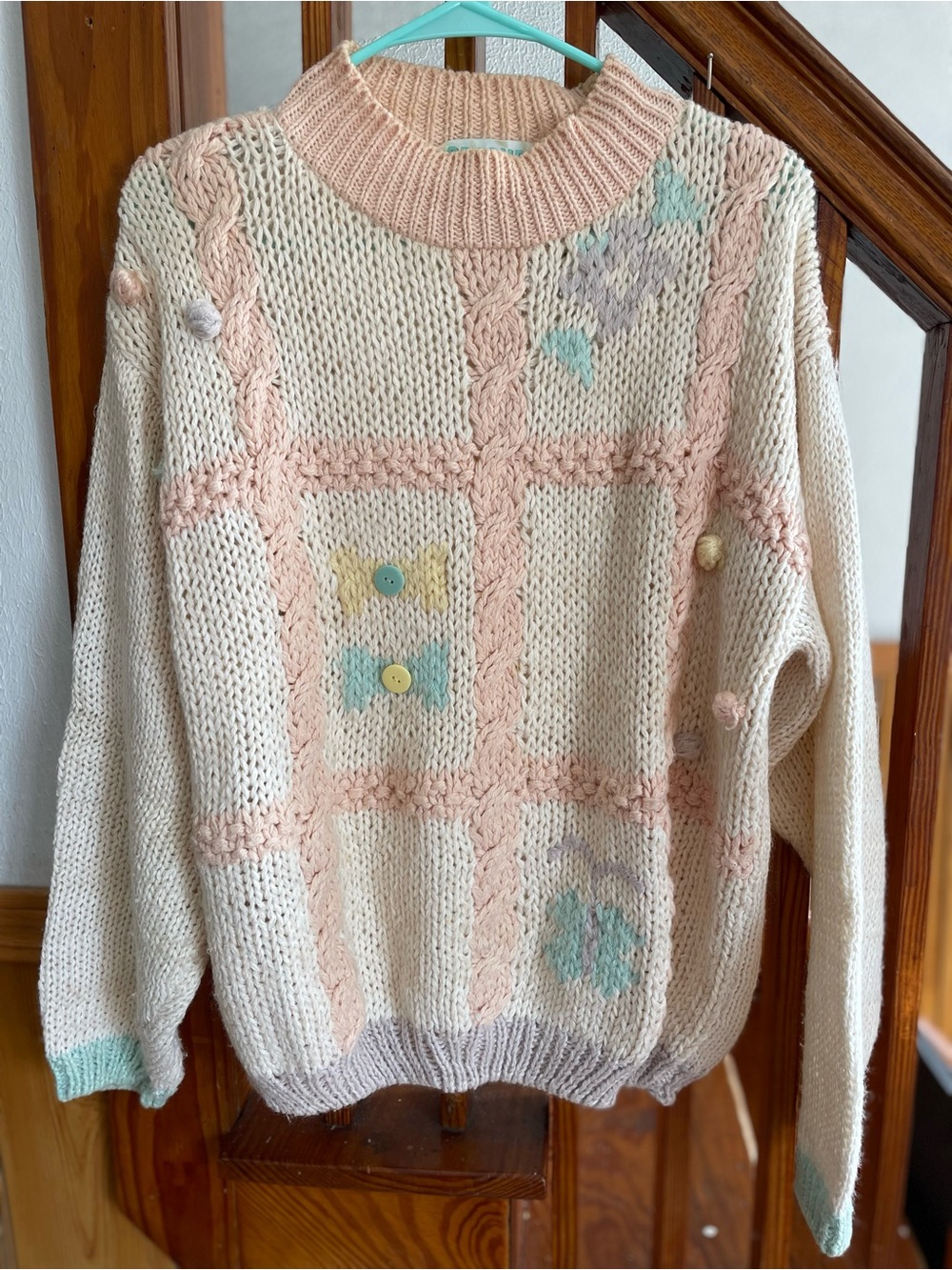 Vintage 80’s Handknit Sweater with Pastel Accents, Women’s L cottage whimsical